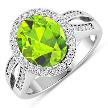 4.24 ctw Oval Green Peridot and Diamond 14K White Gold Split Shank Halo Ring