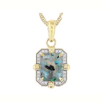 Blue Chalcedony Rectangular Octagonal And White Zircon Pendant Necklace
In 18K Gold Over Sterling Silver 2.81ctw