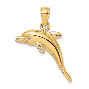 14k Yellow Gold Polished and Textured 3D Jumping Dolphin Charm
