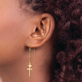 14k Yellow Gold Chain Cross Dangle Earrings