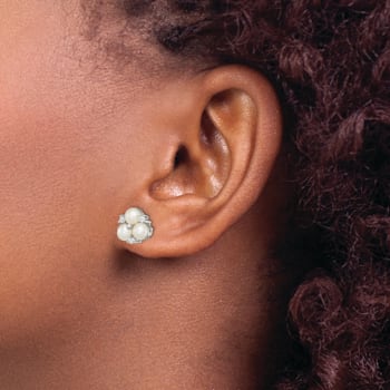 Rhodium Over Sterling Silver 5-6mm White Freshwater Cultured 6-Pearl
Cubic Zirconia Post Earrings
