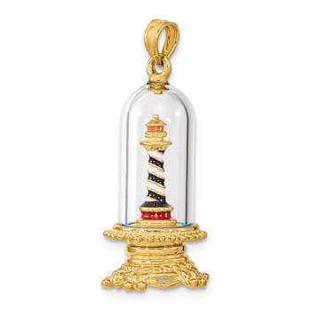 14k Yellow Gold Enameled 3D Lighthouse In Glass Dome Charm