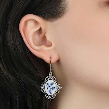 Silver Tone Blue Willow Stone Crystal Leverback Earrings