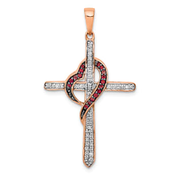 14k Two-tone Gold Red and White Diamond Cross with Heart Pendant