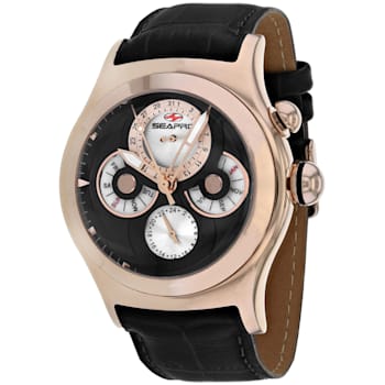 Seapro Men's Chronoscope Black Dial, Rose Bezel, Black Leather Strap Watch