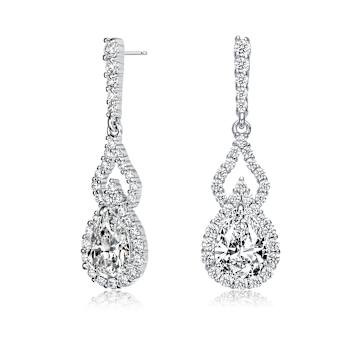 Pear Shape CZ Halo Drop Earrings In Sterling Silver