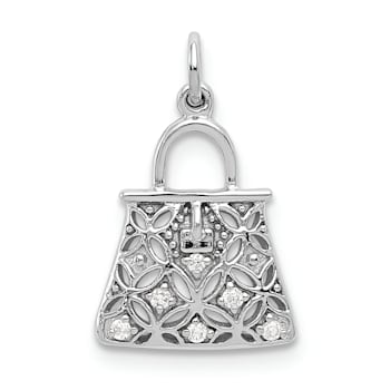 Rhodium Over 14k White Gold Diamond Textured Handbag Charm