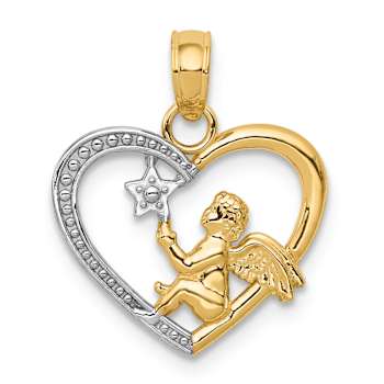 14K Two-tone Gold  Textured Angel in Heart with Star Pendant