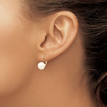14K Yellow Gold 8-9mm White Button Freshwater Cultured Pearl Leverback Earrings