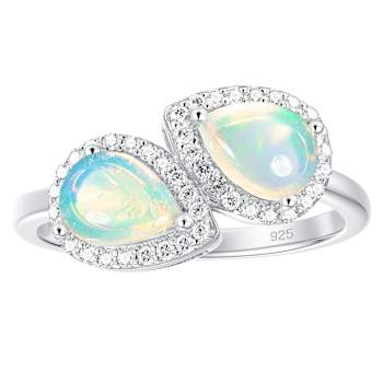 Pear Shape Opal And Zircon Halo Bypass Ring In Sterling Silver