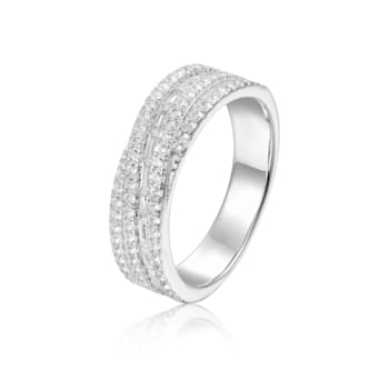 Baguette and Round White Topaz Sterling Silver Crossover Band Ring, 1.25ctw