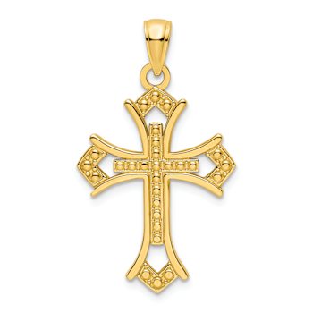14k Yellow Gold Polished Beaded Textured Cross Pendant