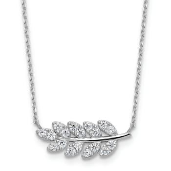 Rhodium Over Sterling Silver Polished Cubic Zirconia Leaf Necklace