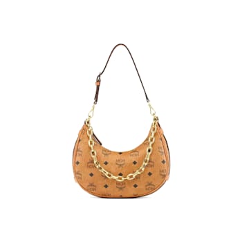 MCM Small Aren Cresent Hobo in Visetos Cognac Handbag