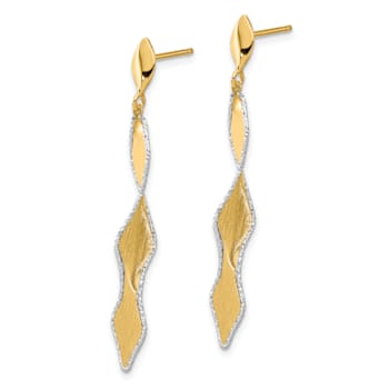 14K Yellow Gold and White Rhodium Polished and Satin Post Dangle Earrings