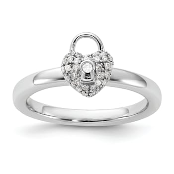Sterling Silver Stackable Expressions Polished Diamond Heart Lock Ring 0.117ctw