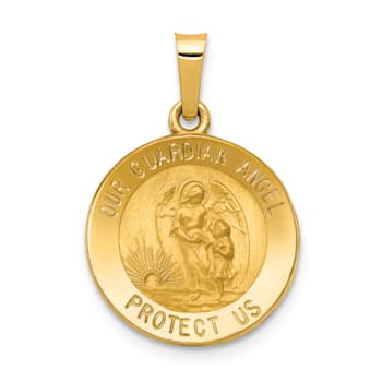 14K Yellow Gold Polished and Satin Our Guardian Angel Medal Hollow Pendant