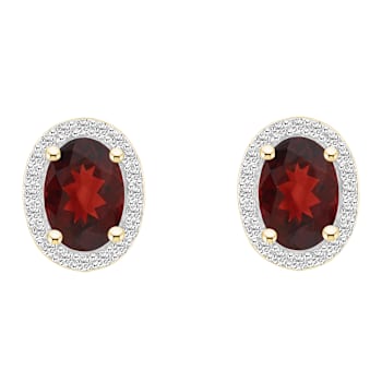 7x5mm Oval Garnet And Created White Sapphire 10k Yellow Gold Halo Stud Earrings