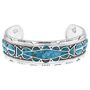 Turquoise Inlay Oxidized Cuff Bracelet In Sterling Silver
