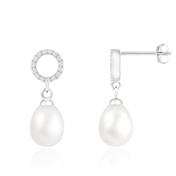 7.5-8mm White Cultured Freshwater Pearl Rhodium Over Sterling Silver Earrings