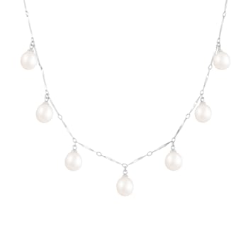 7-8mm White Cultured Freshwater Pearl Rhodium Over Sterling Silver Necklace