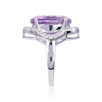Concave Cut Oval Amethyst with White Topaz Accents Sterling Silver Ring, 8.26ctw