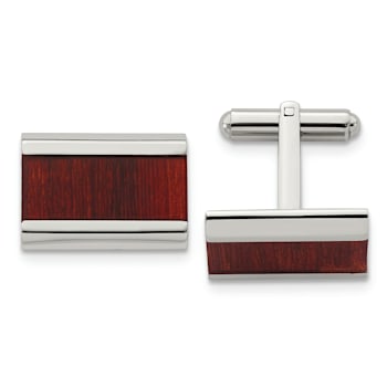 Stainless Steel Polished Red Koa Wood Inlay Rectangle Cufflinks