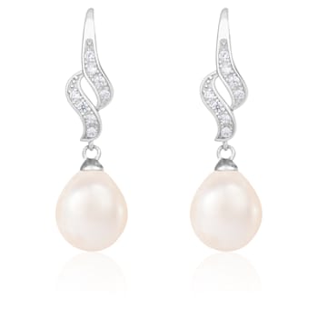 7-7½mm White Cultured Freshwater Pearl and Cubic Zirconia Rhodium Over
Sterling Silver Earrings