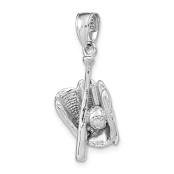 Rhodium Over 14k White Gold 3D Polished and Textured Glove/Bat/Baseball Pendant