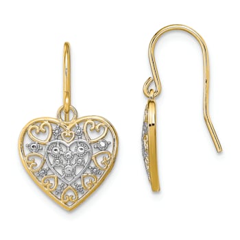 14K Two-tone Gold Polished Filigree Hearts Dangle Earrings