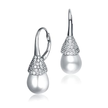 Pear Shape CZ And Pearl Drop Earrings In Sterling Silver