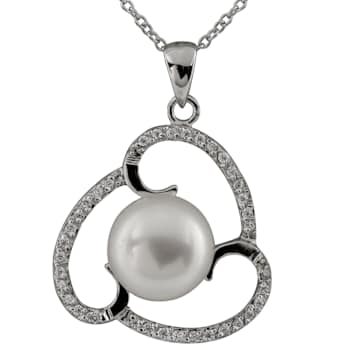 10-11mm Button White Cultured Freshwater Pearl and CZ Rhodium Over
Sterling Silver Pendant