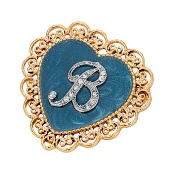 Gold Tone Filigree Heart Blue Enamel Initial Pin