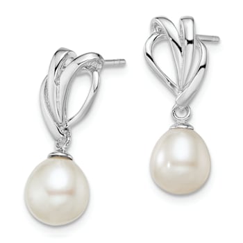 Rhodium Over Sterling Silver 7-8mm White Freshwater Cultured Pearl Post
Dangle Earrings