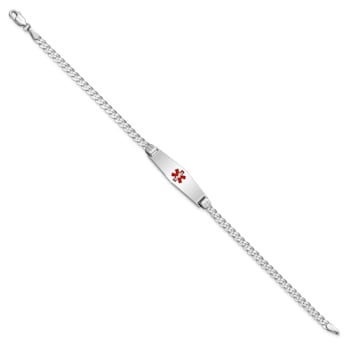 Rhodium Over 14k White Gold Medical Soft Diamond Shape Red Enamel Flat
Curb Link ID Bracelet