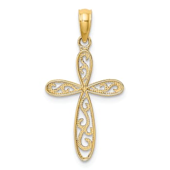 14k Yellow Gold and Rhodium Over 14k Yellow Gold Textured Filigree and
Milgrain Cross Pendant