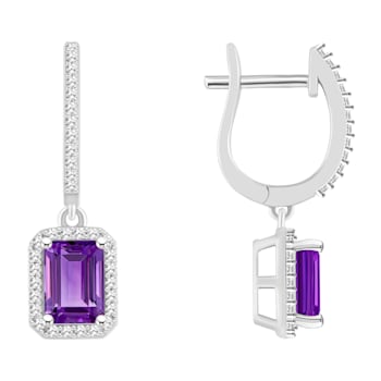 7x5mm Emerald Cut Amethyst 1/3 ctw Diamond Rhodium Over Sterling Silver
Halo Dangle Earrings