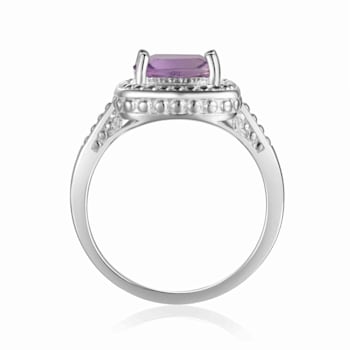 Square Cushion Amethyst Sterling Silver Solitaire with Beaded Halo Ring, 2.00ct