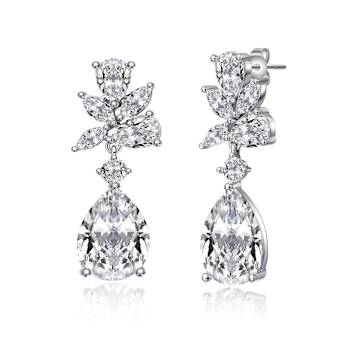 Pear Shape CZ Cluster Drop Earrings In White Gold Over Brass