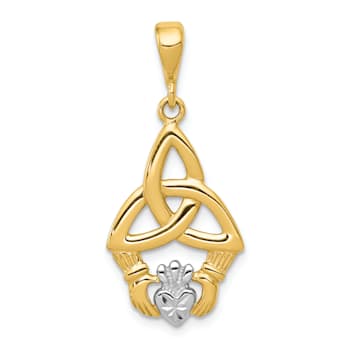 14K Yellow Gold with White Rhodium Diamond-Cut Claddagh Pendant