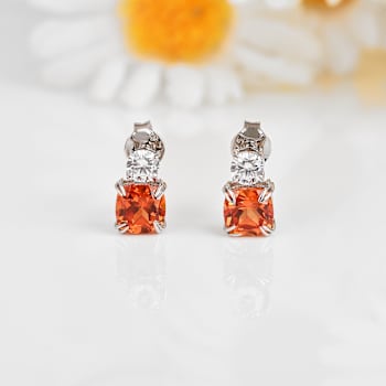 Peach Orange Lab Created Padparadscha Sapphire and Moissanite Rhodium
Over Sterling Silver Earrings