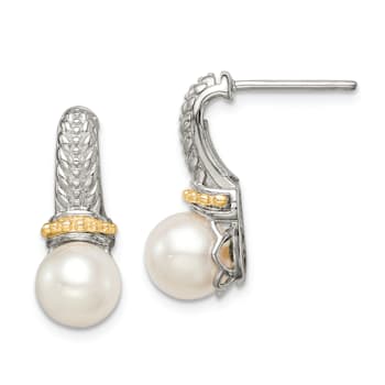 Sterling Silver Rhodium-plated with 14K Accent 7-8mm Freshwater Cultured
Pearl Post Earrings