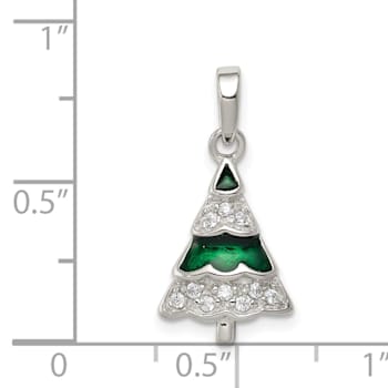 Rhodium Over Sterling Silver CZ and Enameled Christmas Tree Pendant
