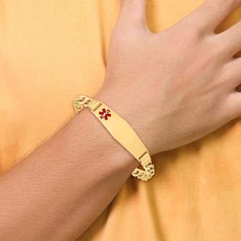 14k Yellow Gold Medical Soft Diamond Shape Red Enamel Figaro Link ID Bracelet