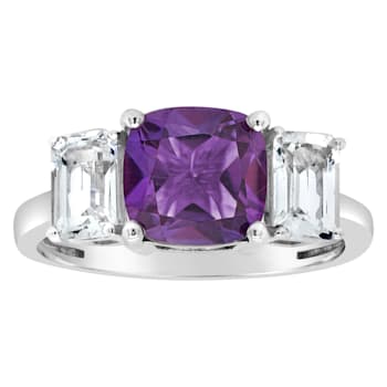 8mm Square Cushion Amethyst And White Topaz Rhodium Over Sterling Silver Ring