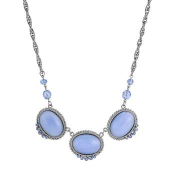 White Base Metal Oval Blue Moonstone & Crystals Necklace 16 inch Adj.