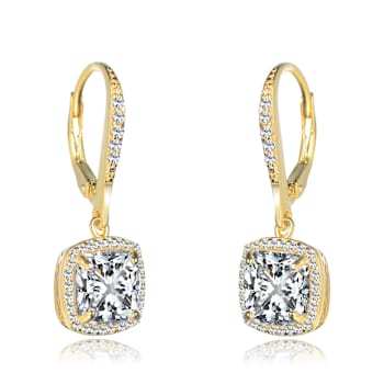 Square CZ Halo Drop Earrings In 14K Gold Over Sterling Silver