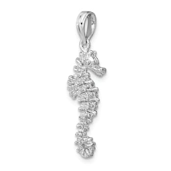 Rhodium Over 14k White Gold 3D Textured Seahorse Pendant