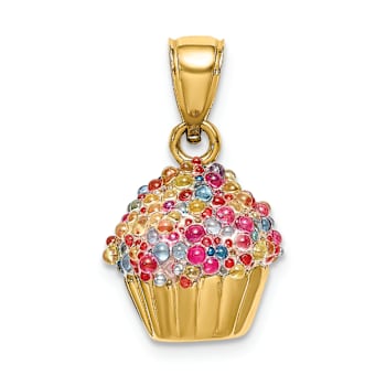14k Yellow Gold 3D Colored Bead with Icing Cupcake Pendant