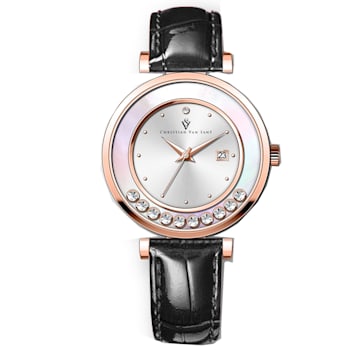 Christian Van Sant Women's Bria White Dial, Black Leather Strap Watch